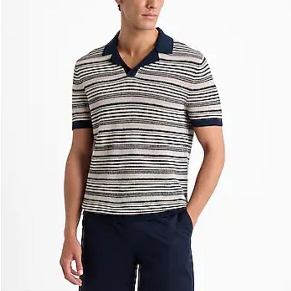 Striped Knit Linen-Blend Short Sleeve Sweater Polo Men's Size Large - Picture 2 of 9